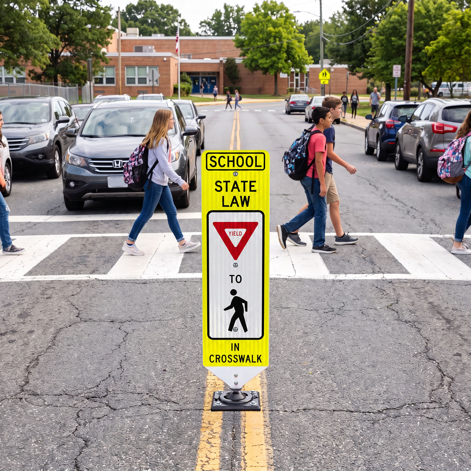 School Yield To Pedestrians In-Street Sign with Fixed Base