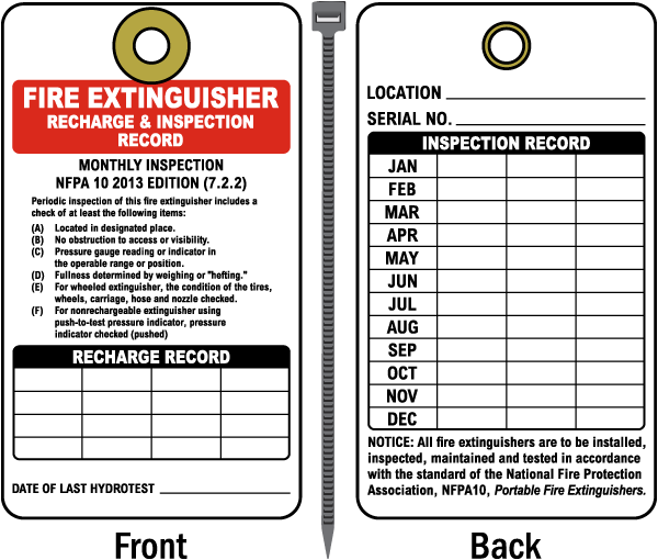 Fire Extinguisher Recharge & Inspection Record Monthly Inspection NFPA Tag