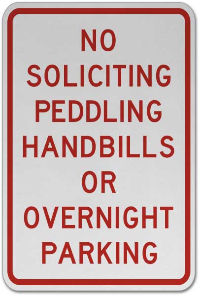 No Soliciting Parking Overnight Sign