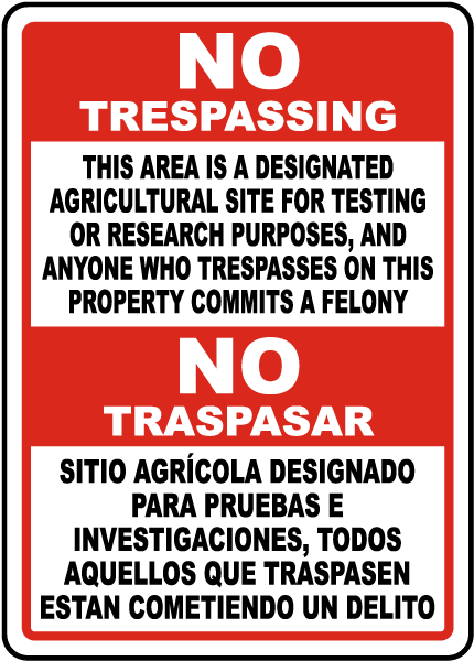 Bilingual Florida Designated Agricultural Site for Testing or Research Sign
