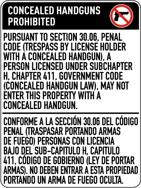 Bilingual Texas 30.06 No Concealed Carry Sign