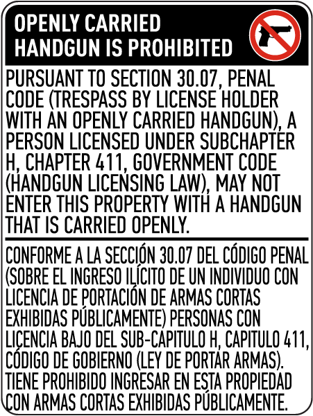 Bilingual Texas 30.07 No Open Carry Sign