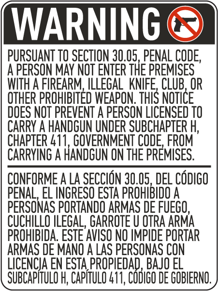 Bilingual Texas 30.05 No Firearms Allowed Sign