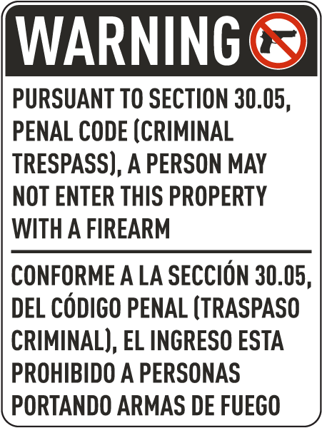 Bilingual Texas 30.05 No Firearms Allowed Sign