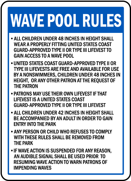 California Wave Pool Rules Sign