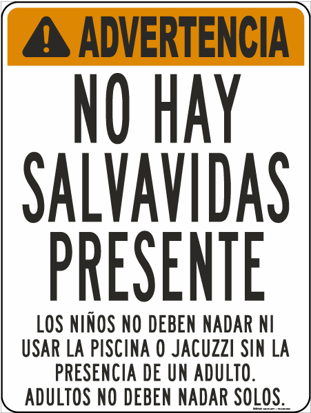 Spanish Warning No Lifeguard On Duty Sign