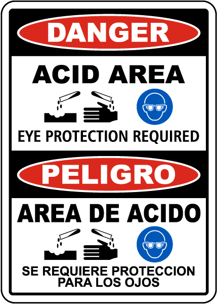 Bilingual Danger Acid Area Eye Protection Required Sign