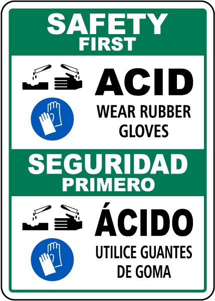 Bilingual Safety First Wear Rubber Gloves Acid Sign