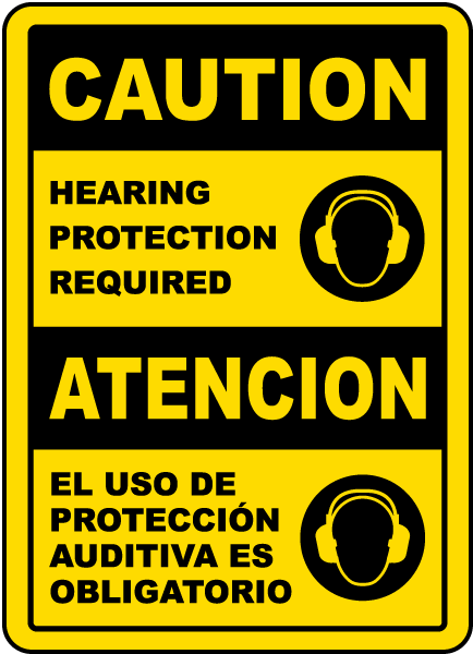 Bilingual Caution Hearing Protection Required Sign