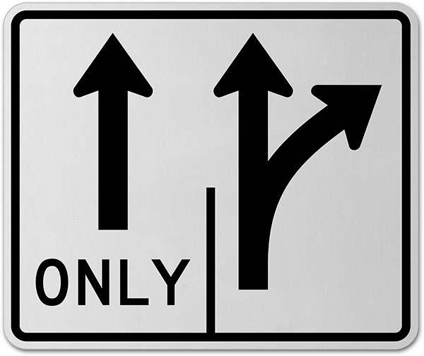 Intersection Lane Control Straight Only and Right Ahead Sign
