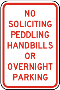 No Soliciting Parking Overnight Sign
