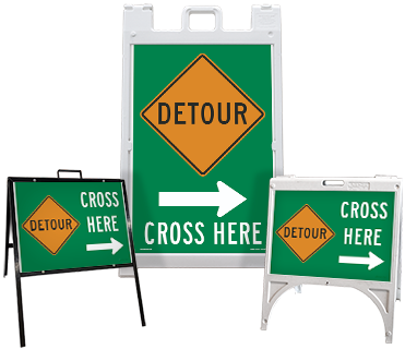 Detour (Right Arrow) Cross Here Sandwich Board Sign