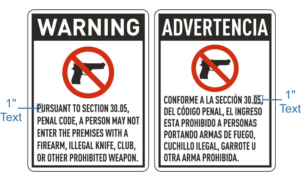Texas 30.05 No Firearms Allowed Signs