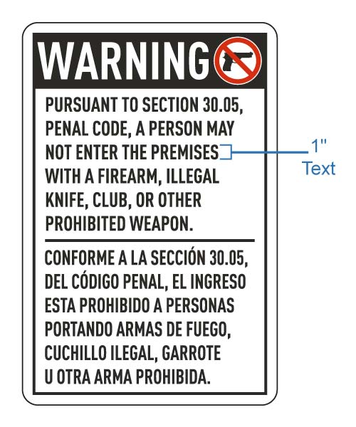 Bilingual Texas Texas 30.05 No Firearms Allowed Signs